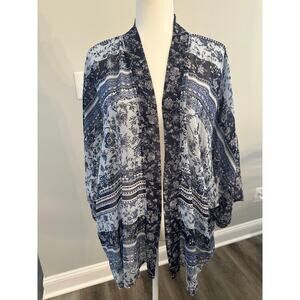 Women’s Plus Size Kimono Style Top Coverup Blue Floral Sheer Boho Festival 1X